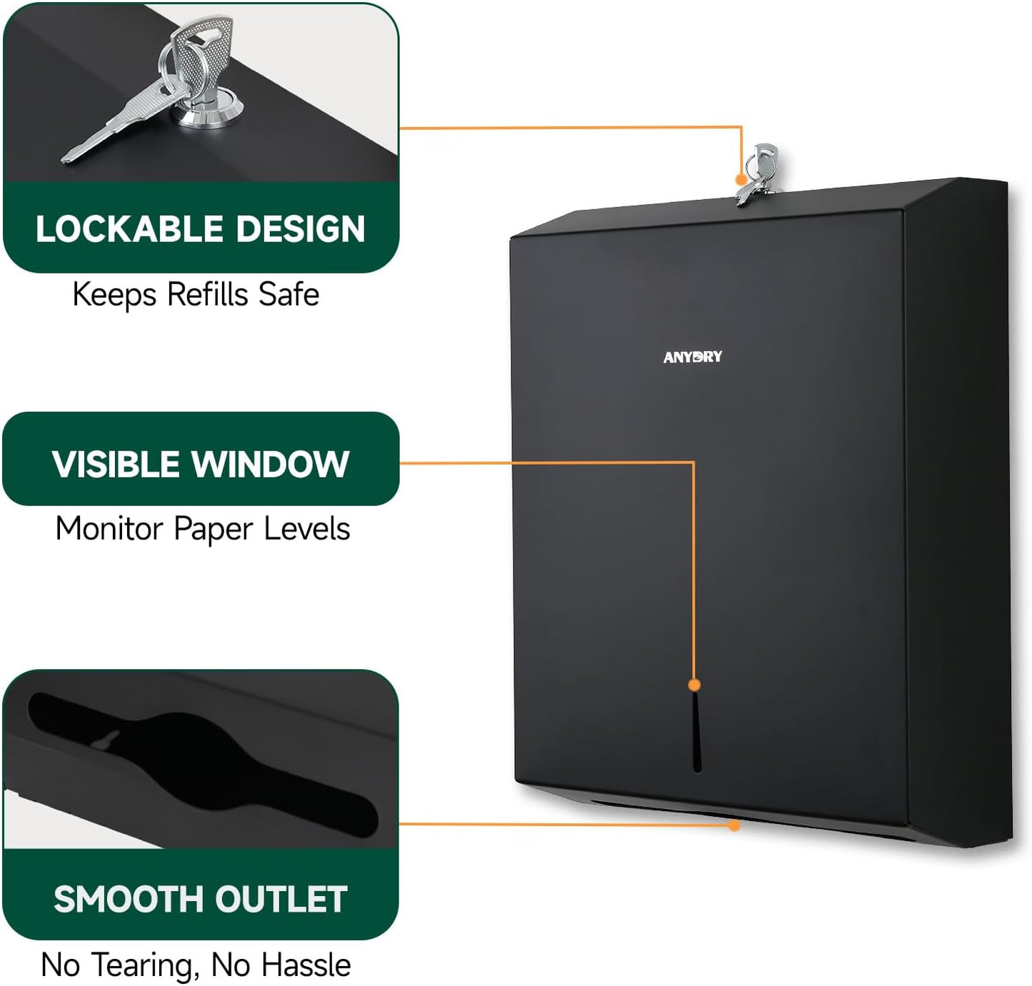 Commercial Paper Towel Dispenser Wall Mount 400-Sheet Capacity Matte Black Stainless Steel Lockable