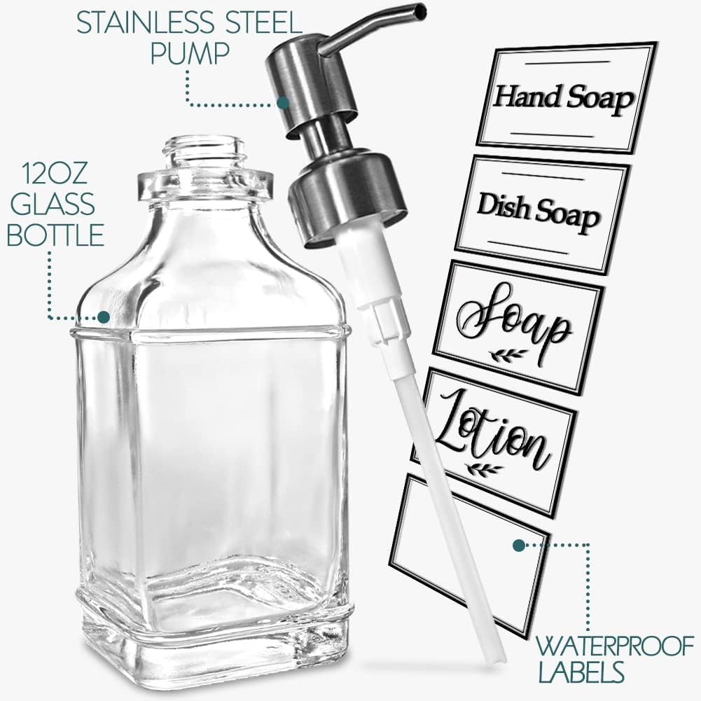 JASAI Antique Design Soap Dispenser with Rust Proof 304 Stainless Steel Pump, Refillable Clear