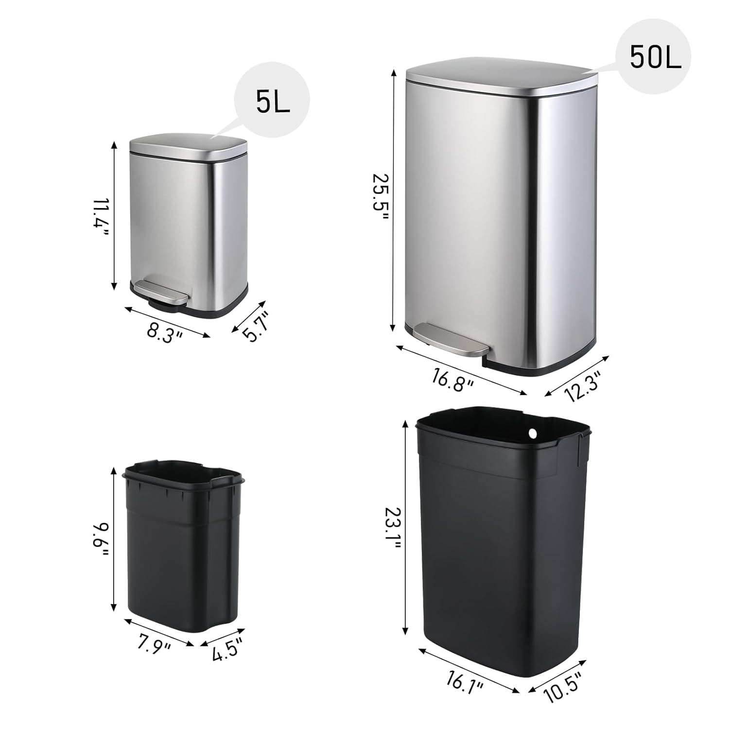 Arlopu 13.2+1.3 Gallon Step Trash Can, Stainless Steel Garbage Bin, Soft-Close Rubbish Bin with