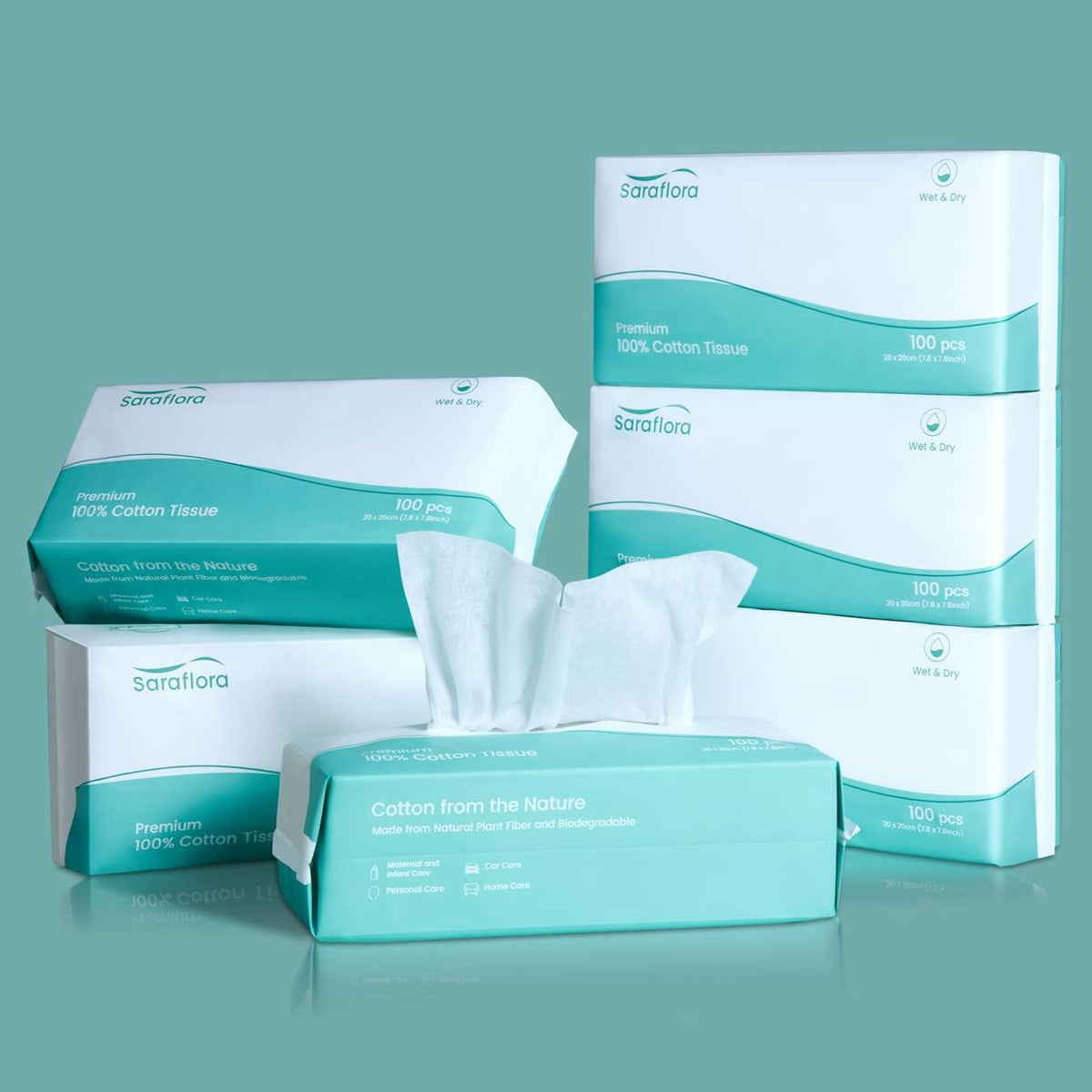 Saraflora 100% Cotton Facial Tissue Soft Dry Wipe 6 Pack, Use for Sensitive Skin Disposable Face