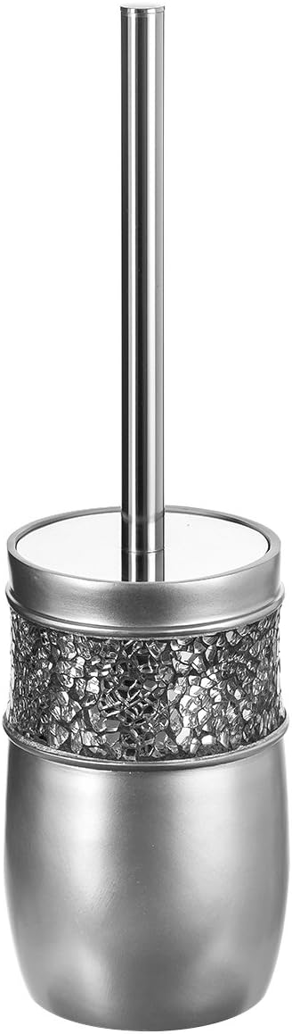 Crackled Glass Toilet Brush with Holder - Silver Toilet Bowl Cleaner Brush and Holder - Good Grip