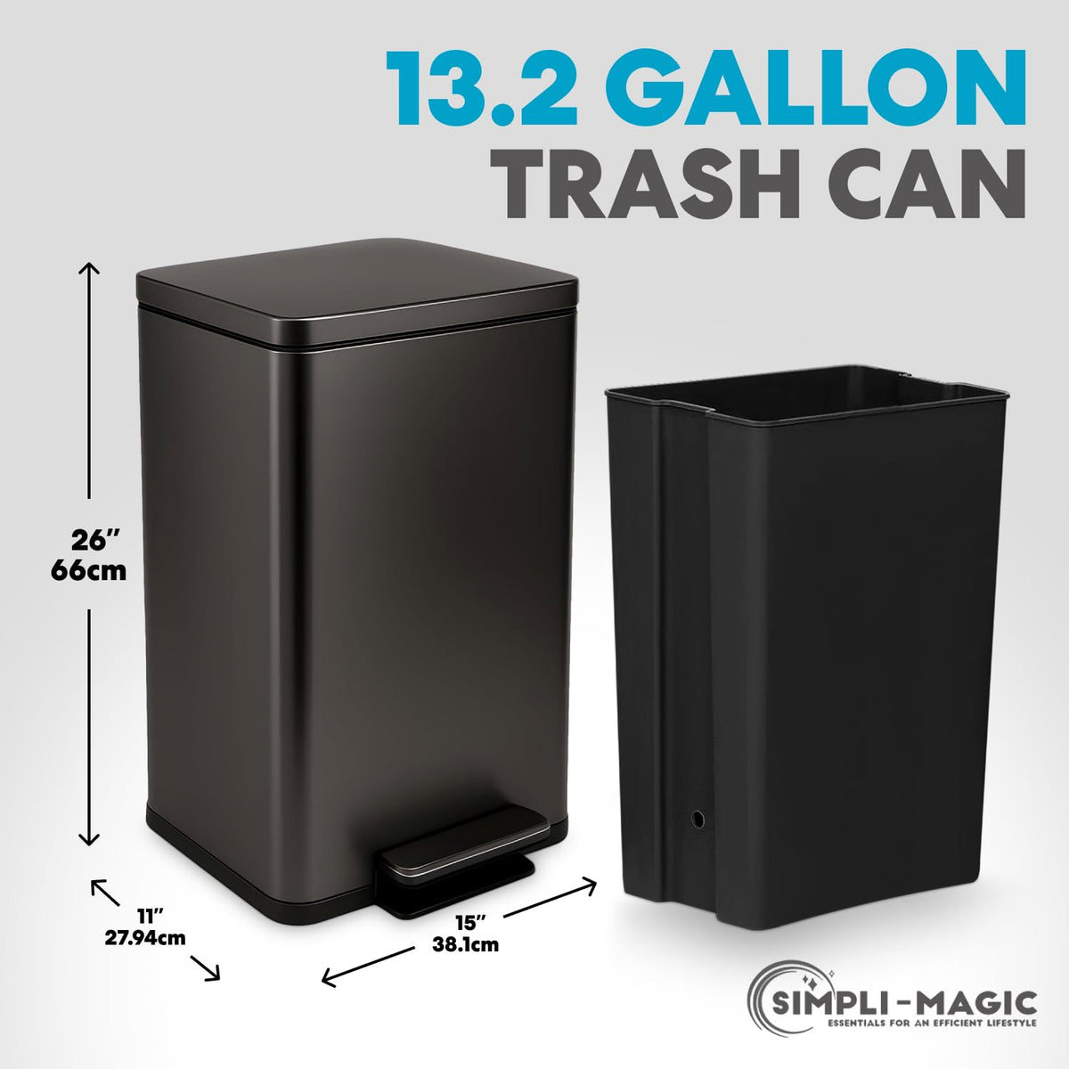 SIMPLI-MAGIC 13.2 Gallon (50L) Step Trash Can – Kitchen Garbage Can with Slow-Close Lid – Odor