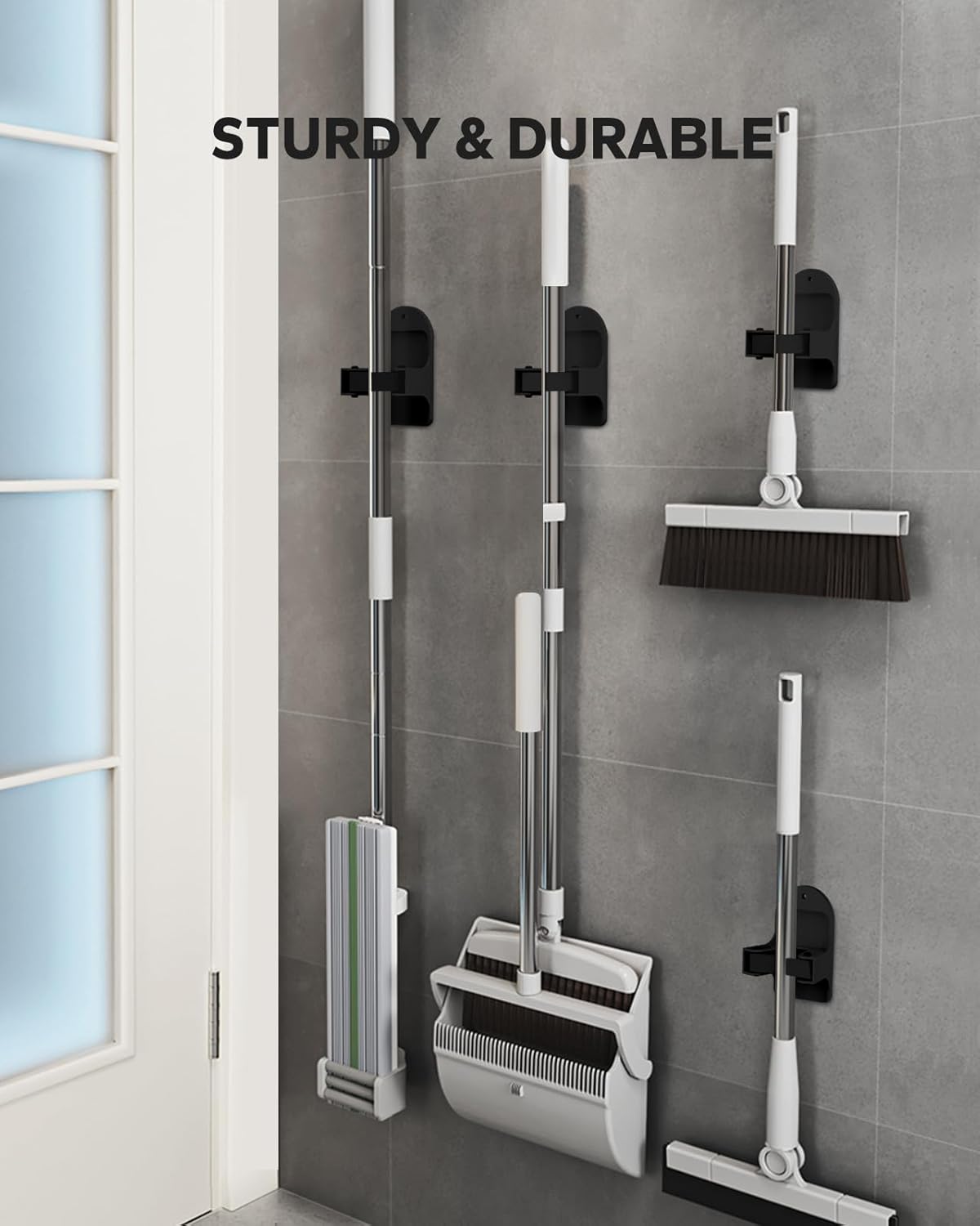 Broom Holder Wall Mount (Black 4 Count), Broom Holder, Broom and Mop Organizer Wall Hanging, Mop