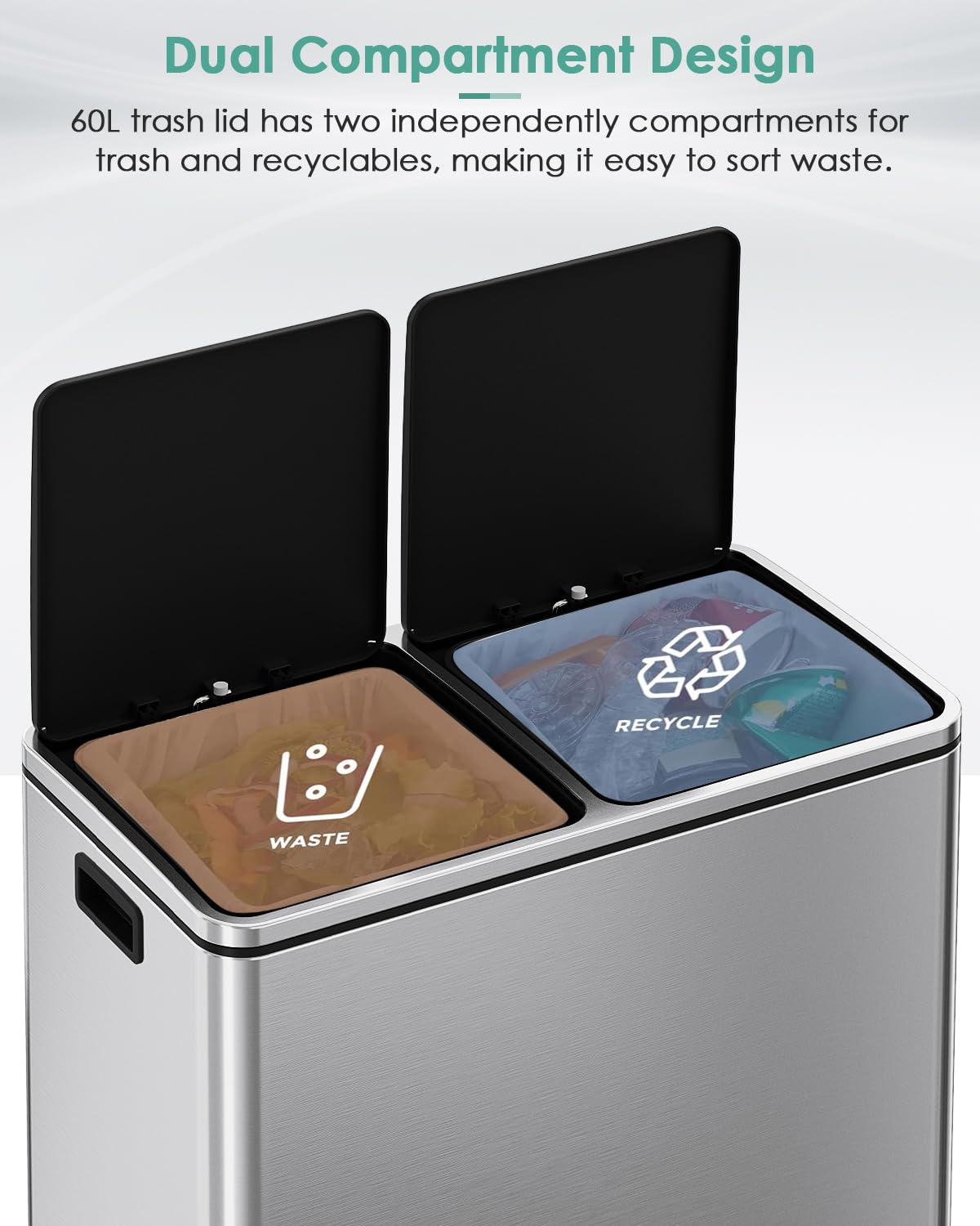 AthLike 60L(16 Gal) Dual Trash Can, Stainless Steel Kitchen Garbage Can, Double Compartment