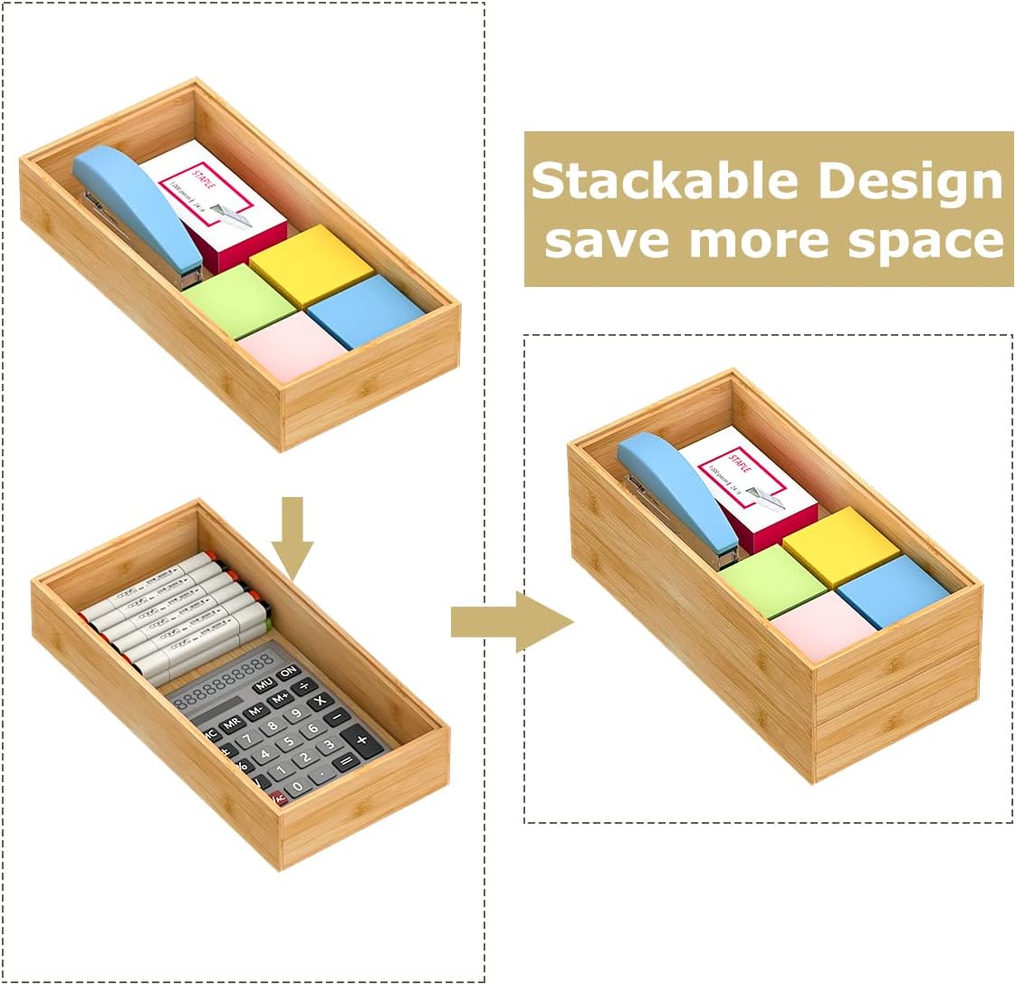 Bamboo Kitchen Drawer Organizer,Stackable Silverware Tray Utensil Organizer Cutlery Holder for