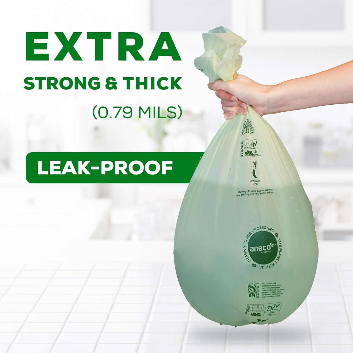 ANECO Compostable Trash Bags 4 Gallon (Flat-Top, 100 Count), Extra Strong for Medium Kitchen