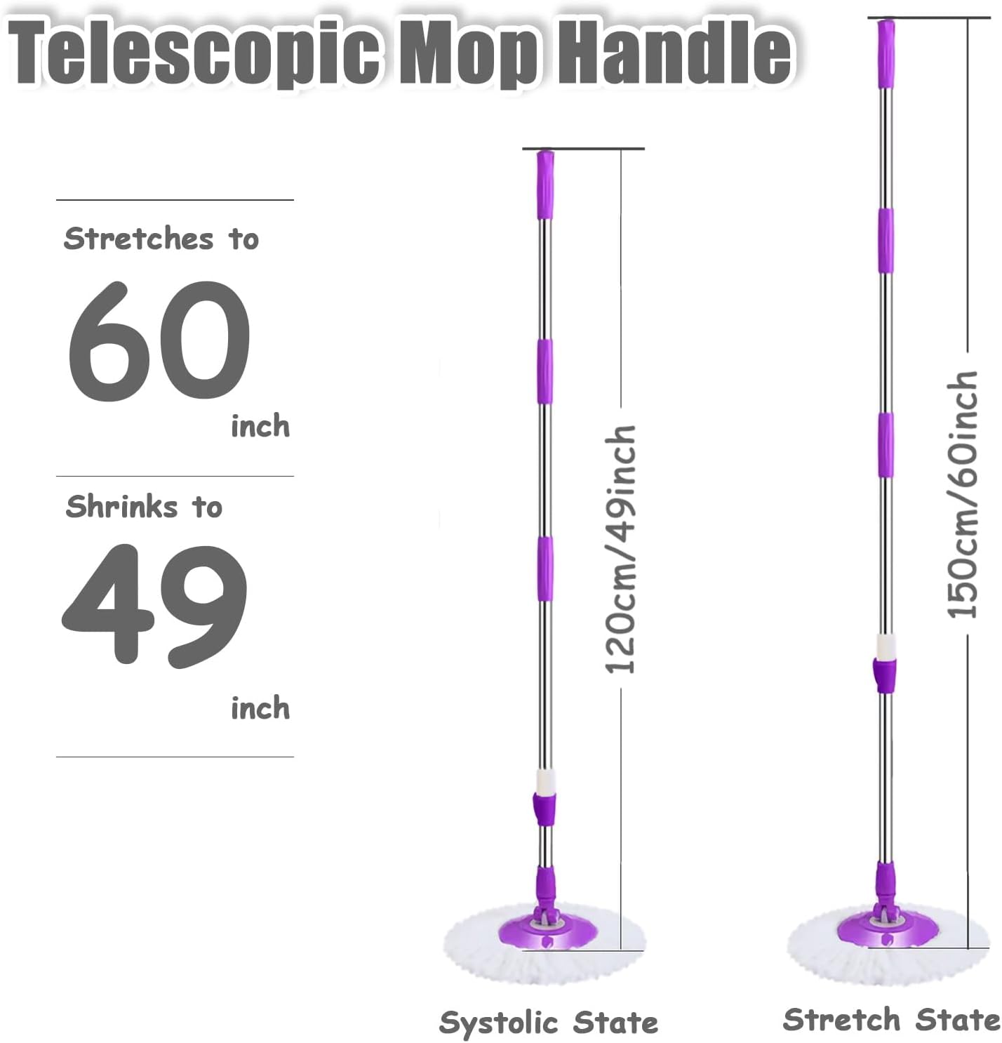 Extended Spin Mop Replacement Mop Handle, Upgraded 60-inch 360 Degrees Rotating Telescopic