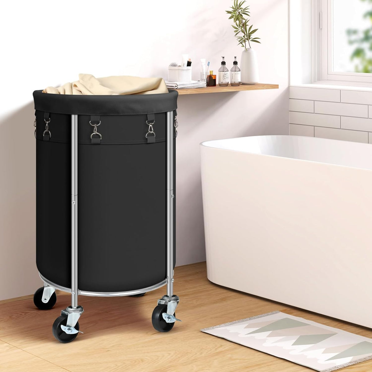 Laundry Hamper with Wheels, 100L Round Rolling Laundry Basket Sorter with Removable Bag, Clothes