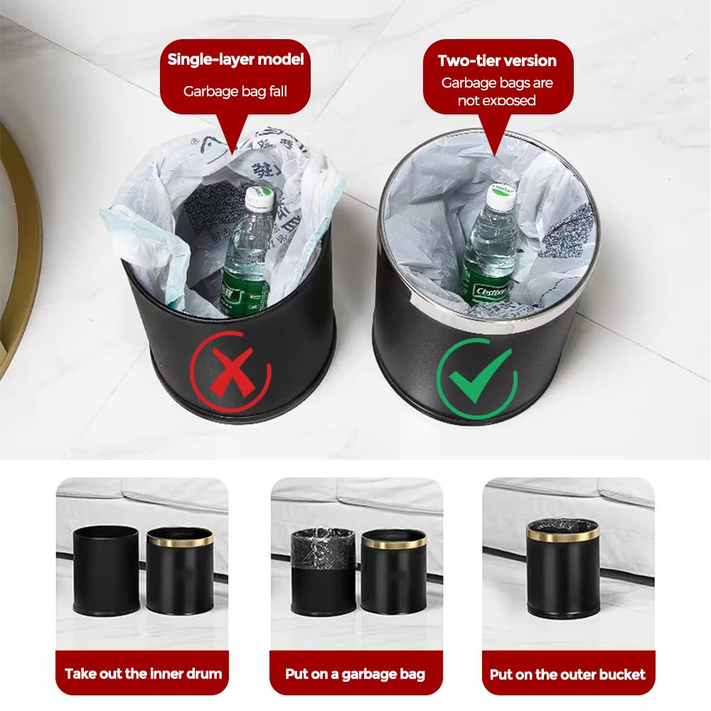 14L/3.7GAL Black and Gold Open Top Trash Can - Metal Office Wastebasket Without Lid for Office