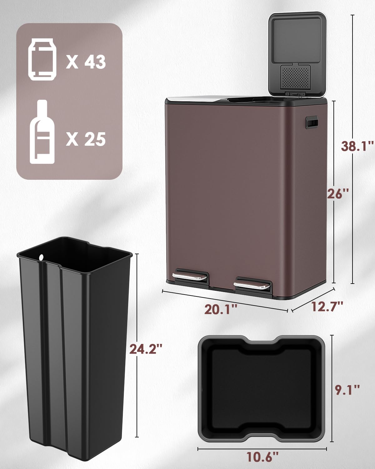 Arlopu 16Gal Dual Trash Can w/2 Built-in Box for Odor Control, Hands-Free Kitchen Garbage Bin