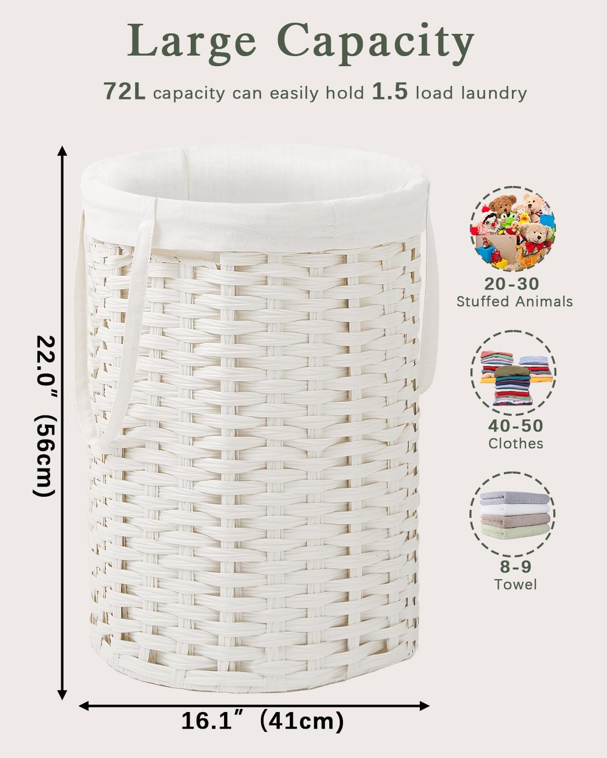 Laundry Hamper Laundry Basket Round 19.0 Gal (72 L) Handwoven Rattan Laundry Basket, Large Wicker