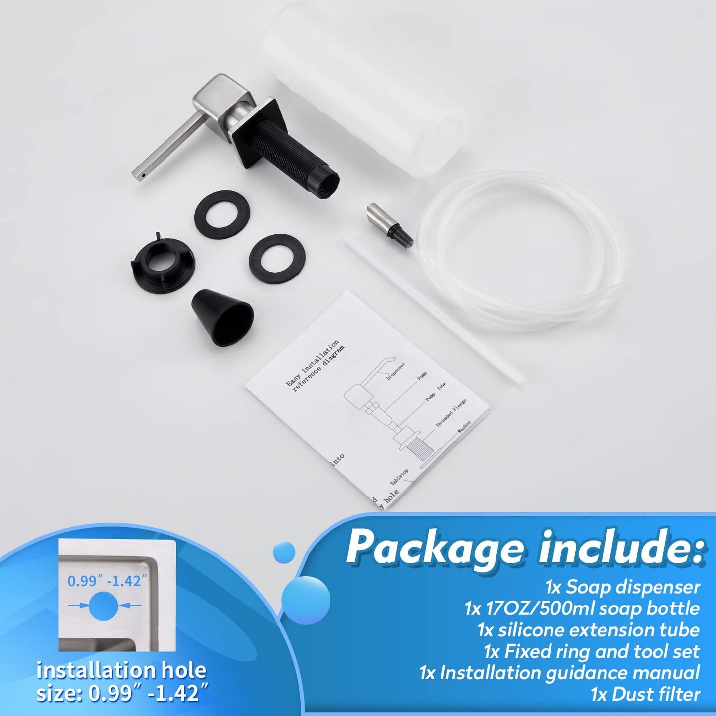 CREA Soap Dispenser for Kitchen Sink, Kitchen Soap Dispenser Brushed Nickel Square Built in Sink