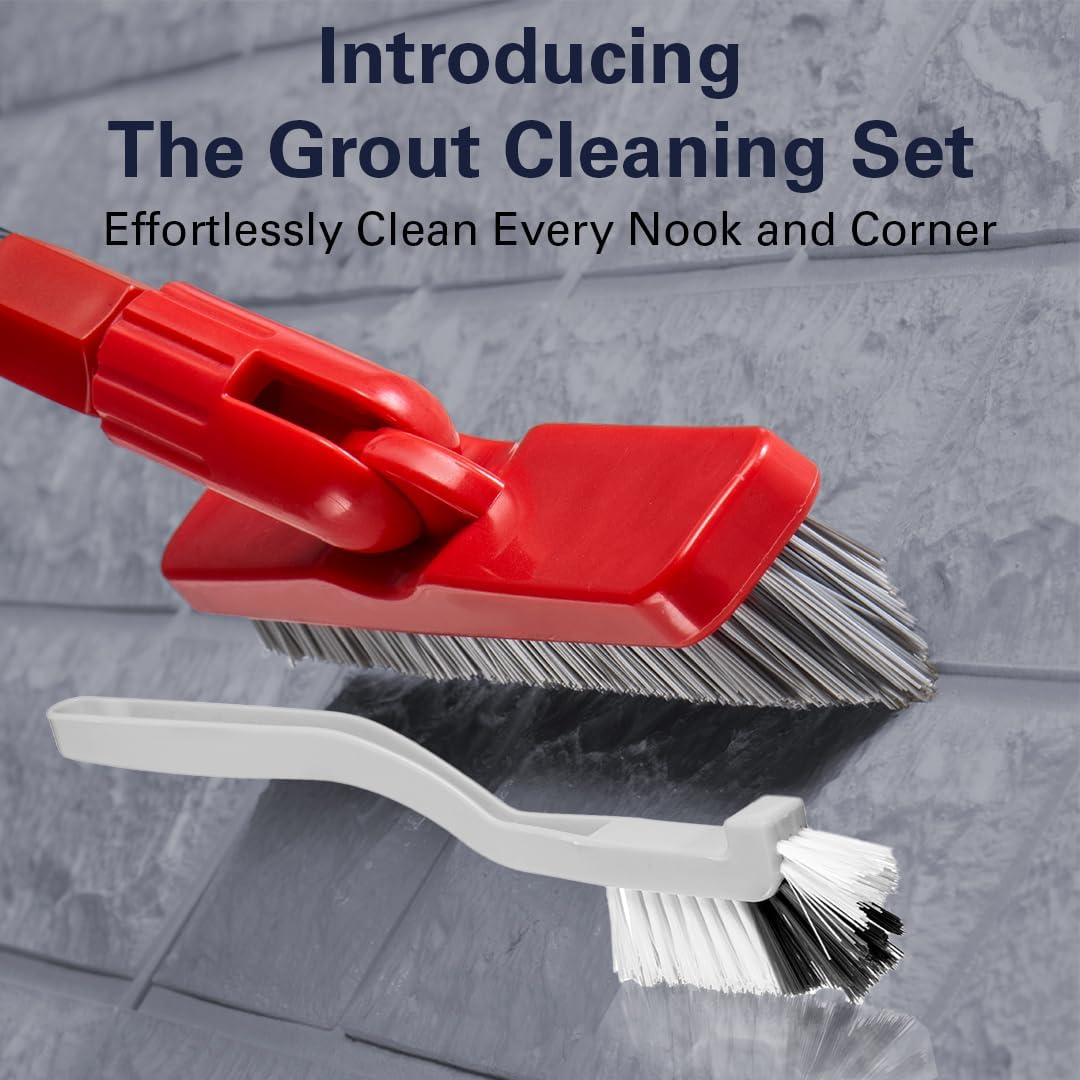 Foxtrot Living Grout Brush with Long Handle & Handheld Stiff Bristle Scrubber, V-Shaped Cleaner