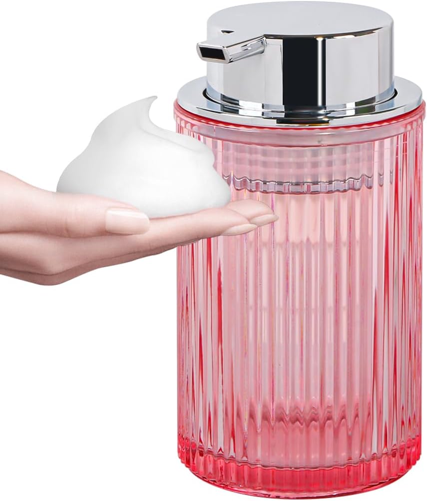 Pink Foaming Soap Dispenser, 12 Oz Glass Foaming Hand Soap Dispenser with Silver Pump, Bathroom
