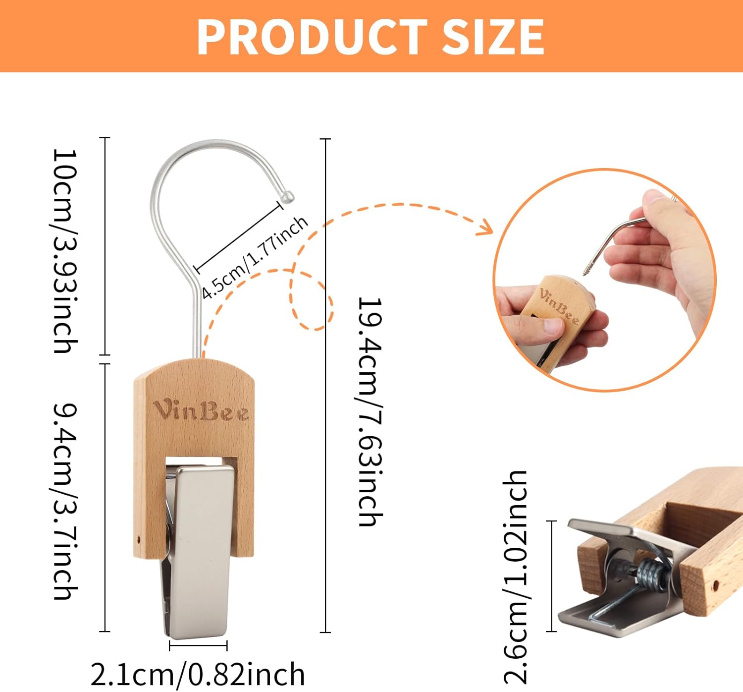 VinBee 6 PCS Hooks with Clips for Hanging,Wooden Laundry Hooks Hanging Clips Hook,Clothes Pins with