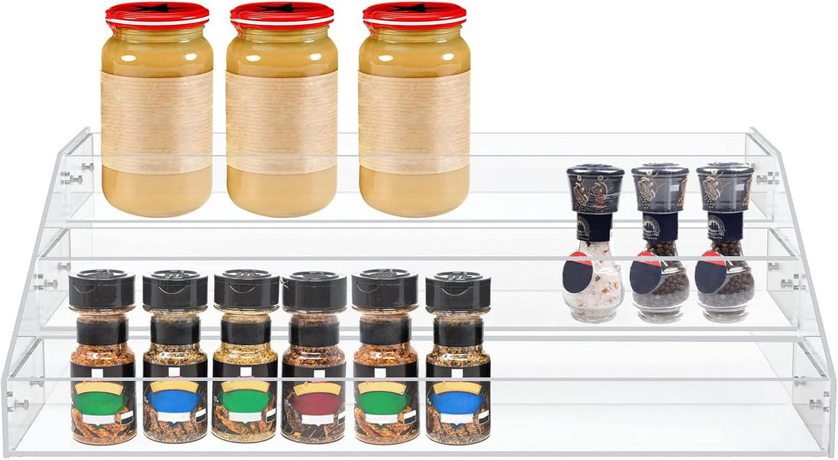 PMMASTO Widen Tiered Spice Rack, Seasoning Organizer, Clear Acrylic Vertical Shelves Can Organizer