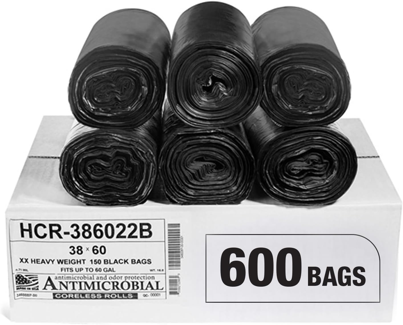 Aluf Plastics High Density Trash Bags, 60 Gallon, 600 Count, 22 Micron (eq), 38" x 60", Black, for