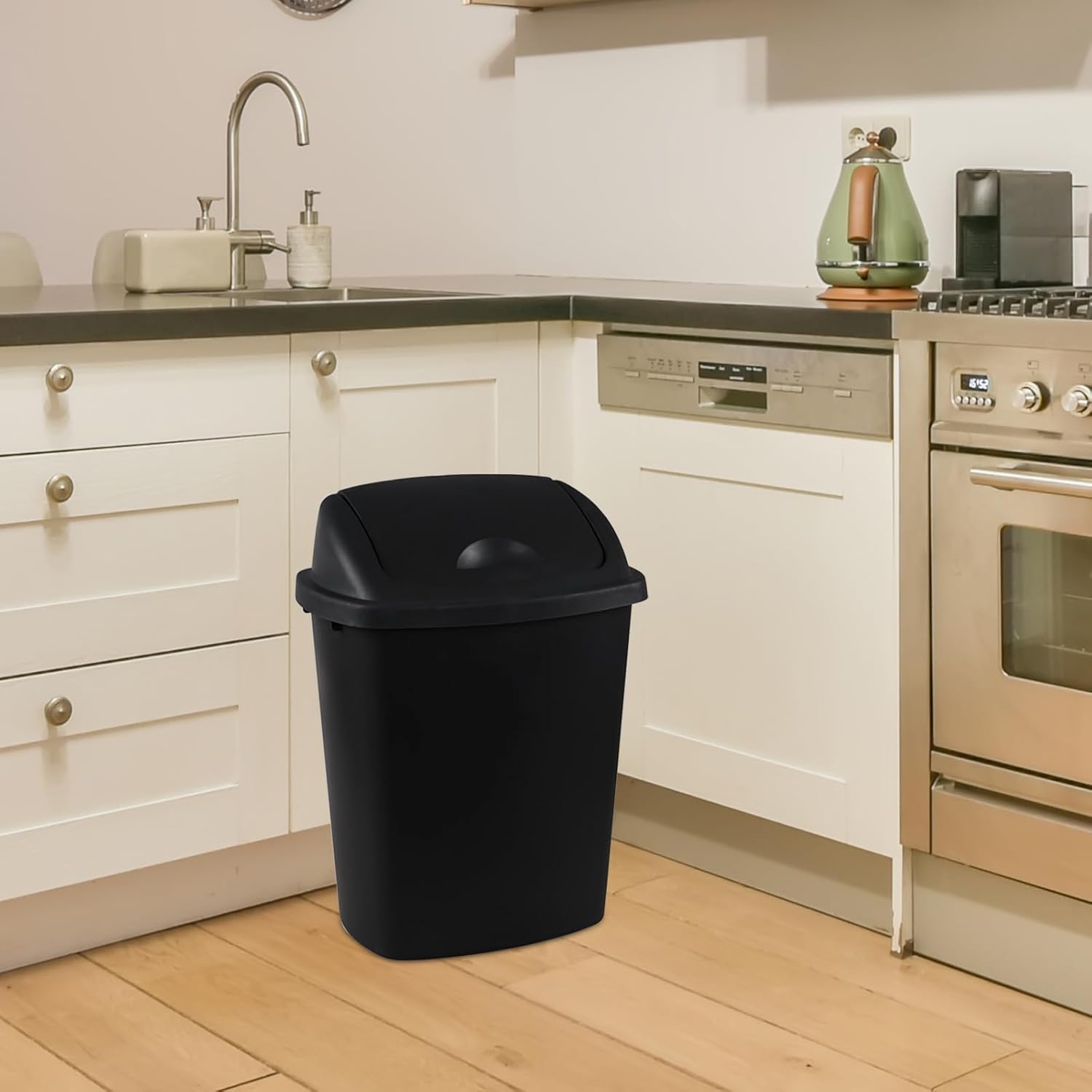 Teyyvn 6 Gallon Plastic Flip Lid Trash Can for Kitchen, Black Plastic Garbage Bin with Swing Lid