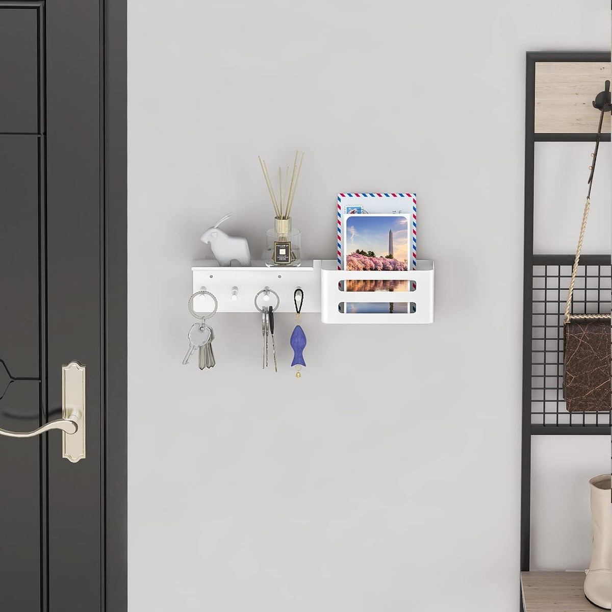 MKO Key Holder for Wall, 12.2In Mail Organizer Holder with Shelf, Metal Key Rack Adhesive Wall