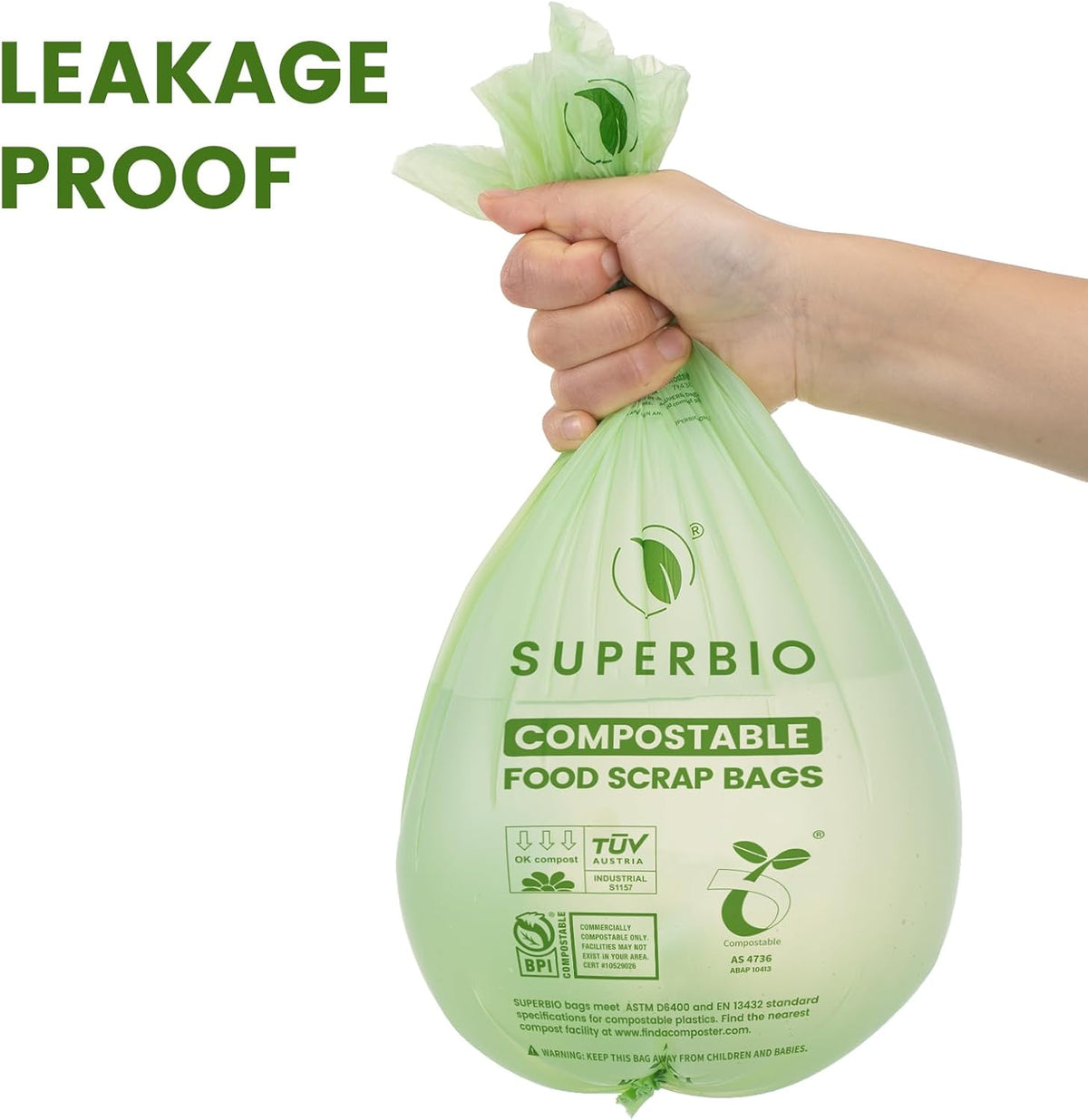 SUPERBIO 2.6 Gallon Flat Top Compostable Food Waste Bags, 100 Count, 2 Pack,9.84L, Food Scrap Bags