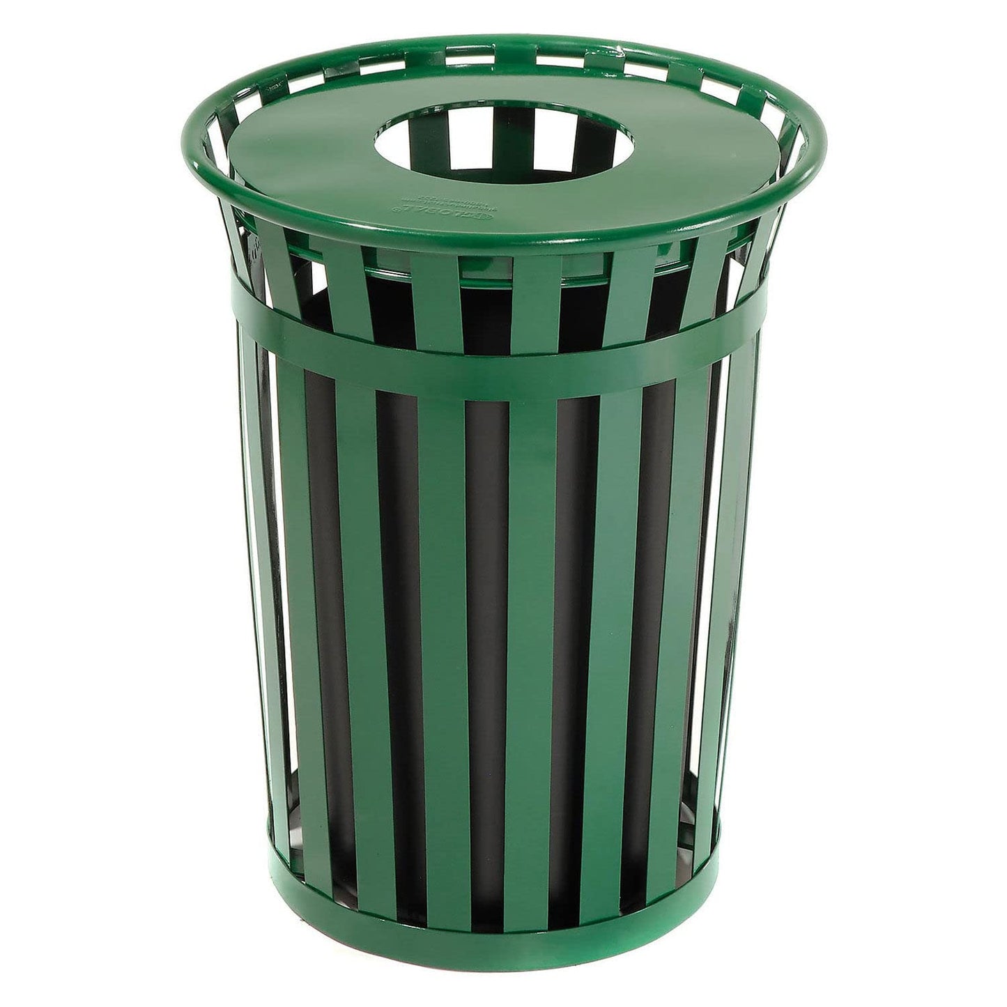 Global Industrial 36 Gallon Outdoor Slatted Steel Round Trash Can with Flat Lid, Plastic Liner &