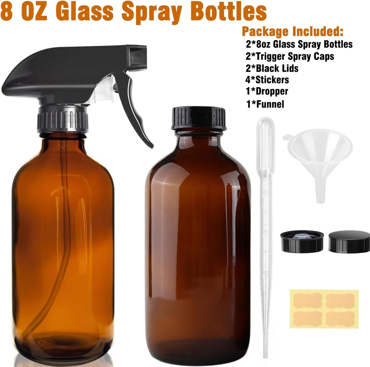 8oz Amber Glass Spray Bottles - 2 Pack Empty Refillable Bottles for Cleaning, Hair Care, Essential