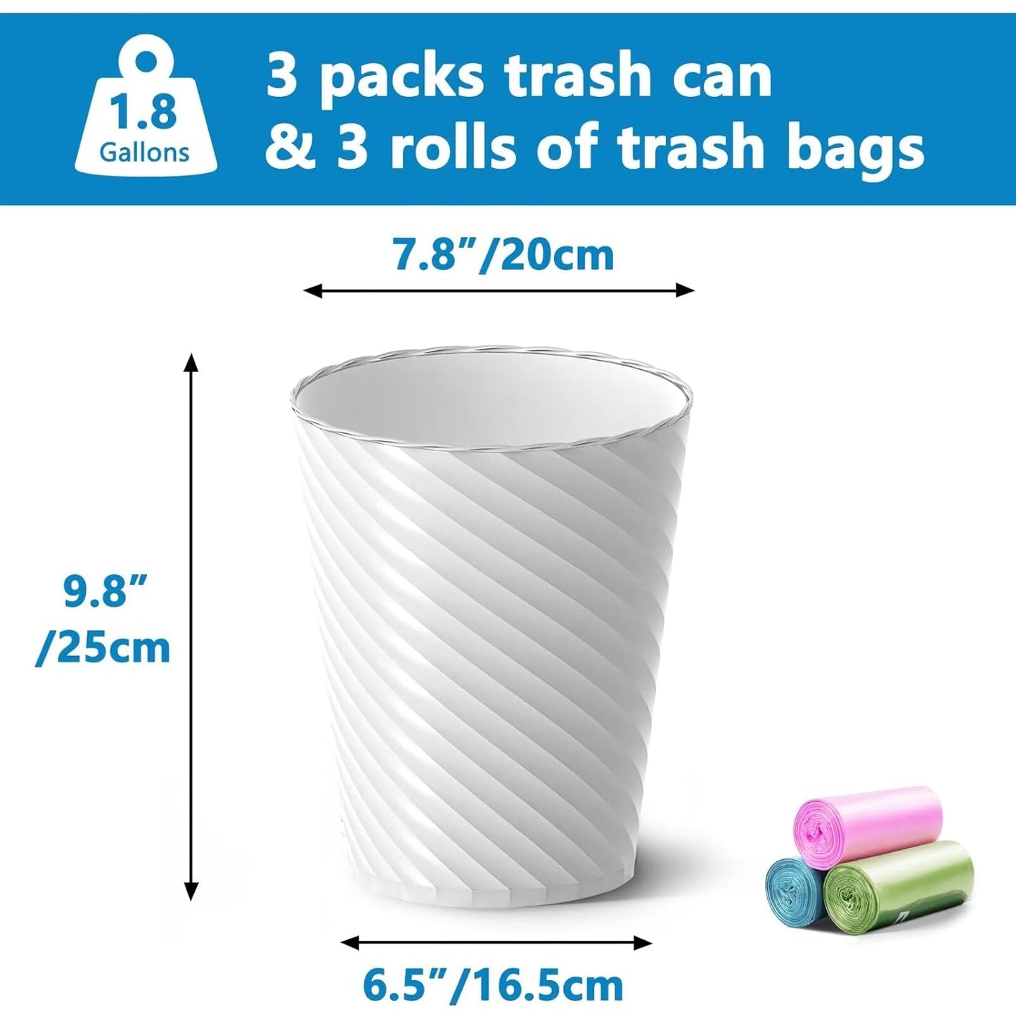 Bathroom Trash Can, 3 Pack 1.8 Gallons Small Trash Can with Trash Bags, Bathroom Garbage Can