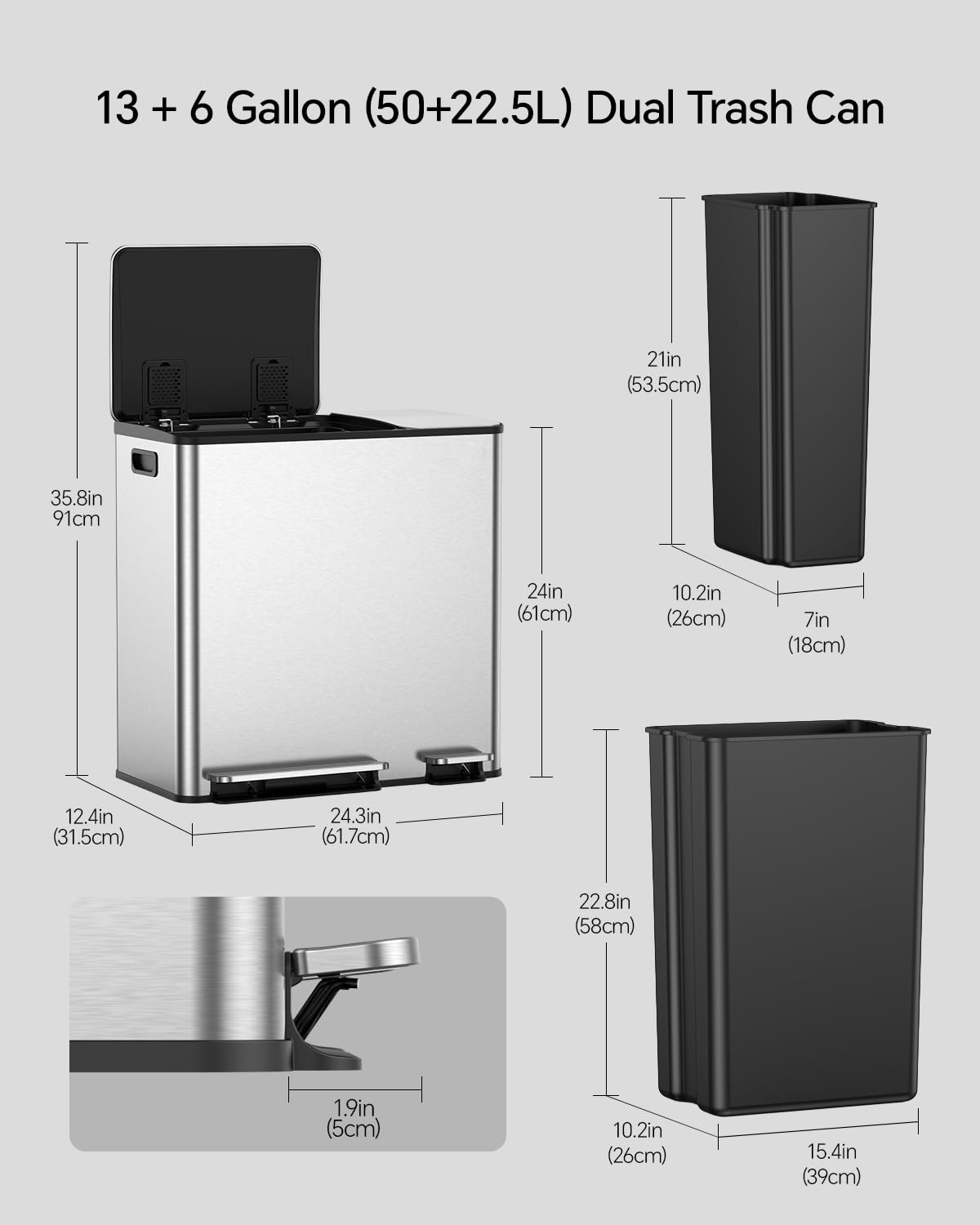 Lovewind Dual Trash and Recycling Bins for Kitchen, 13+6 Gallon Stainless Steel Garbage and Recycle