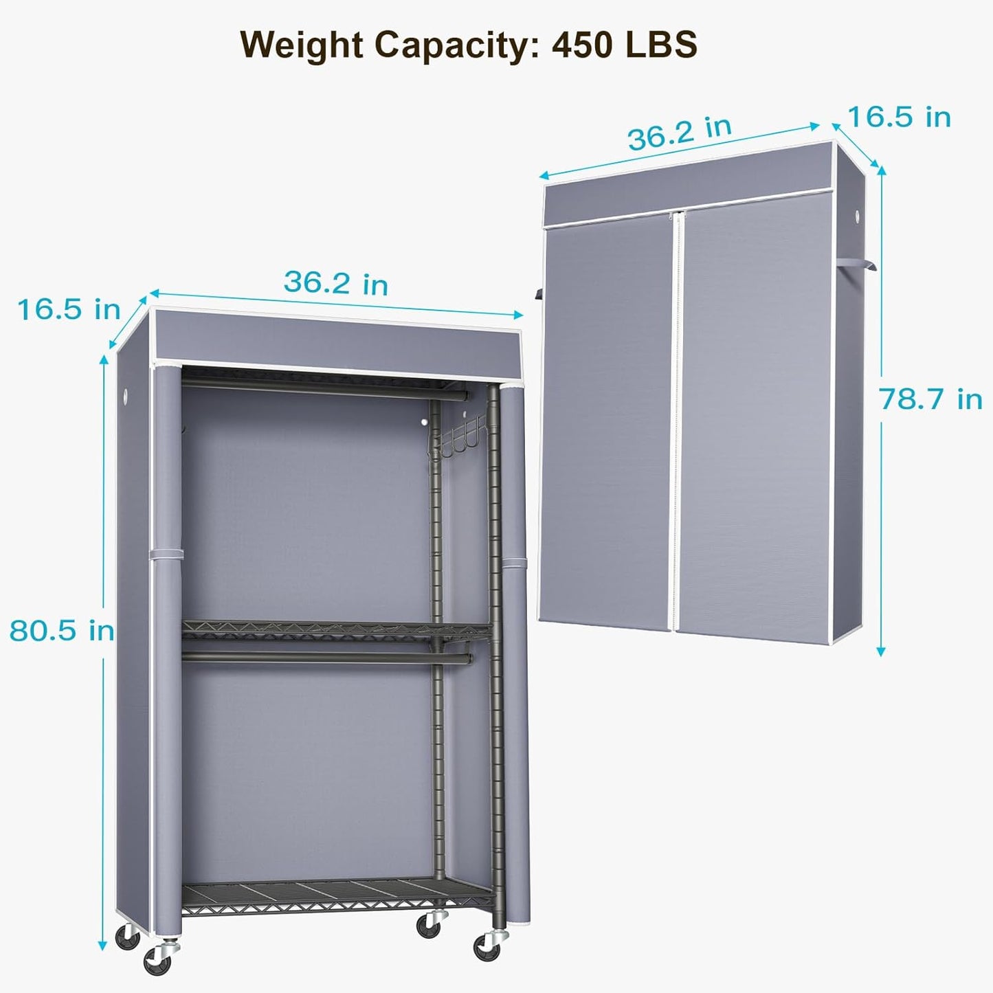FUTASSI Black Clothing Rack with Grey Cover, P1C Rolling Closets with Wheels, Metal Garment Rack