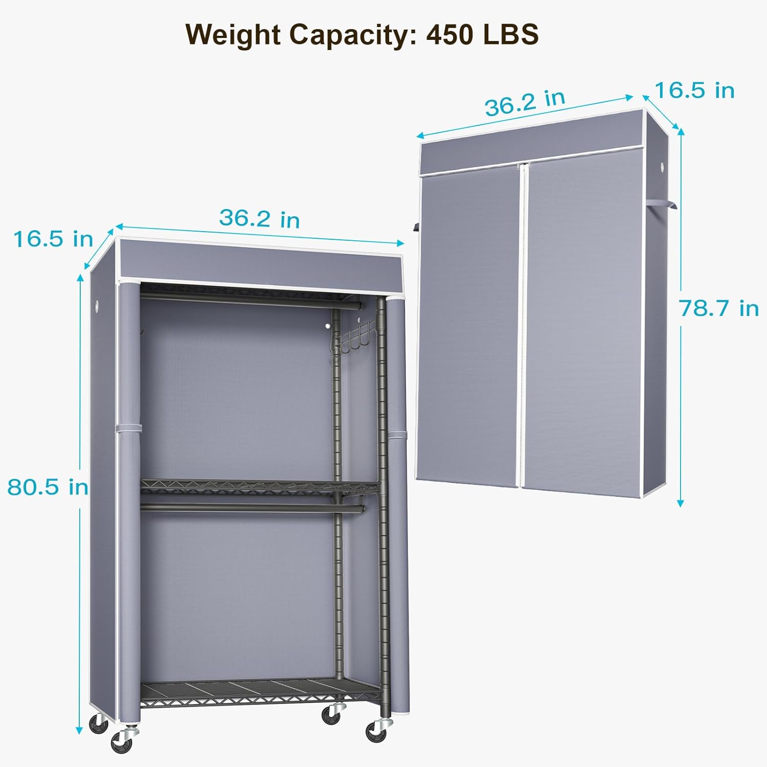 FUTASSI Black Clothing Rack with Grey Cover, P1C Rolling Closets with Wheels, Metal Garment Rack