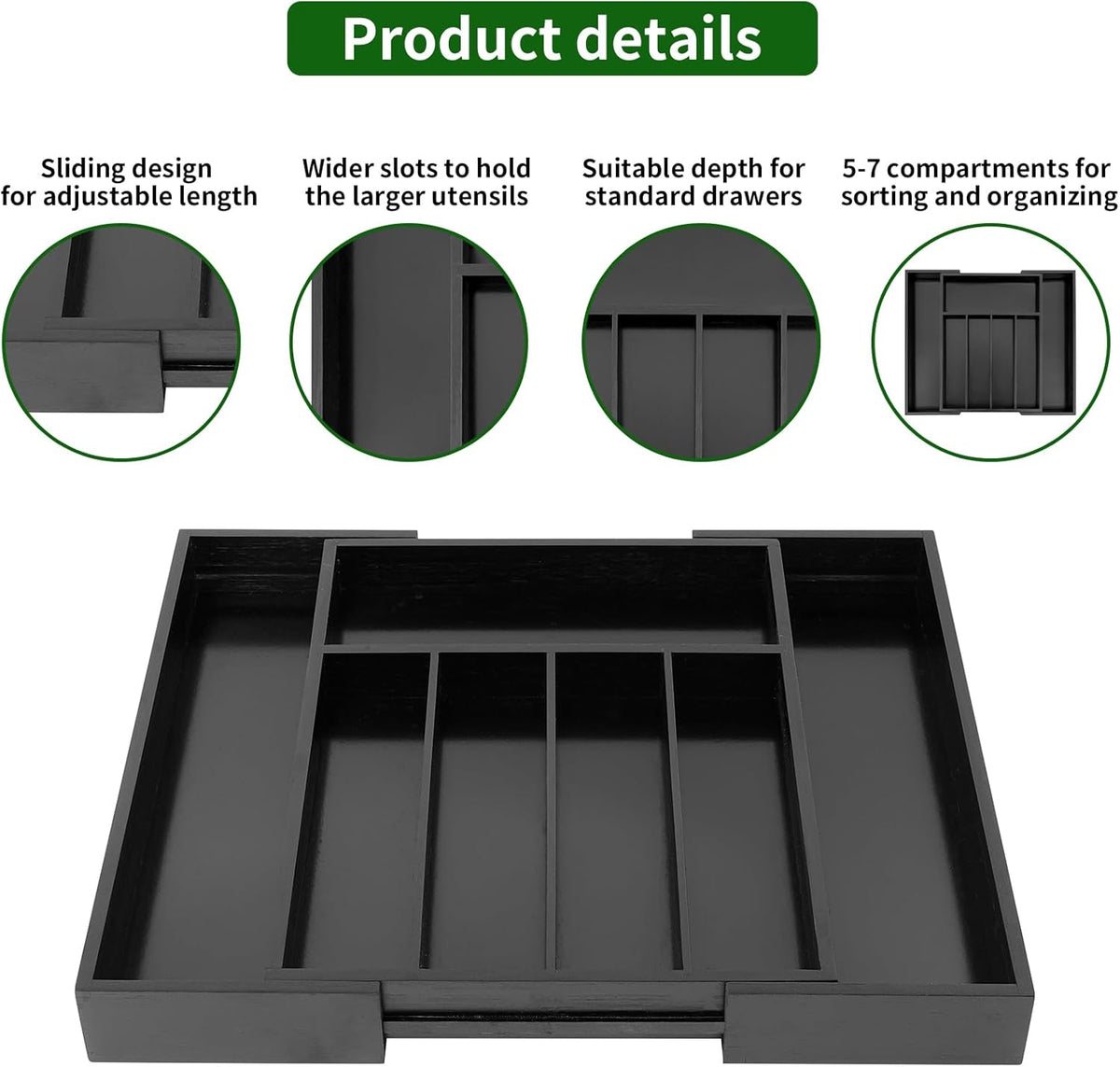 VaeFae Bamboo Drawer Organizer, Expandable Silverware Drawer Organizer, Cutlery Tray with Dividers