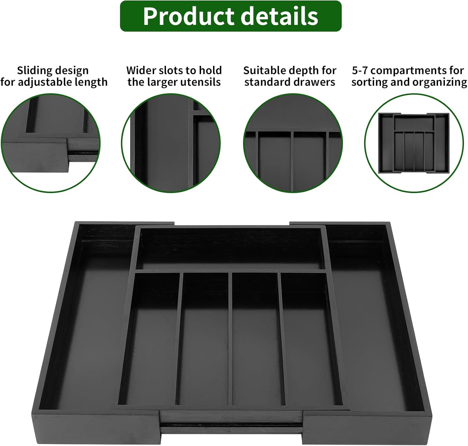 VaeFae Bamboo Drawer Organizer, Expandable Silverware Drawer Organizer, Cutlery Tray with Dividers