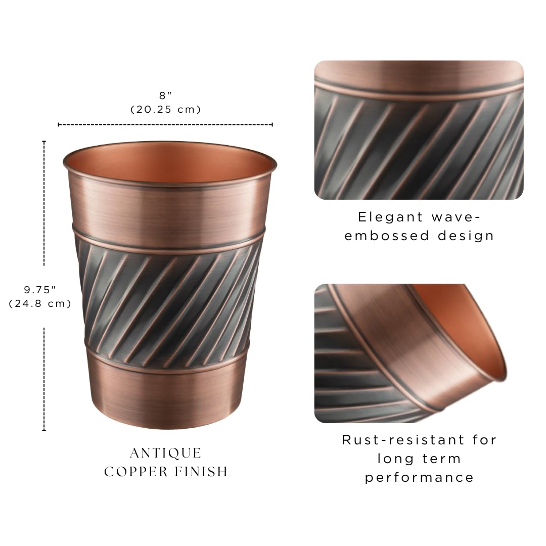 Monarch Abode Metal Wastebasket Trash Can, Handcrafted, Wave Embossed, Bathroom Decor, Antique
