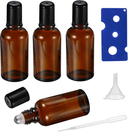 30ML Roller Bottles for Essential Oil, 4 Pack Empty Amber Glass Roller Bottle for Perfume Oil, Roll