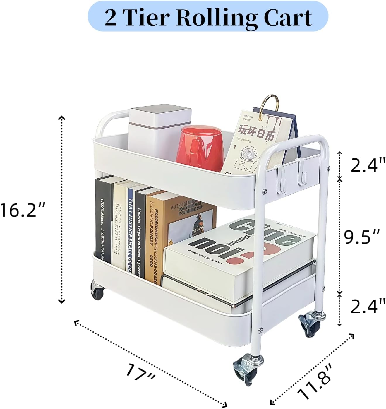 2 Tier Metal Rolling Cart with Wheels for Under Desk Storage & Pantry Storage, High Load-Bearing