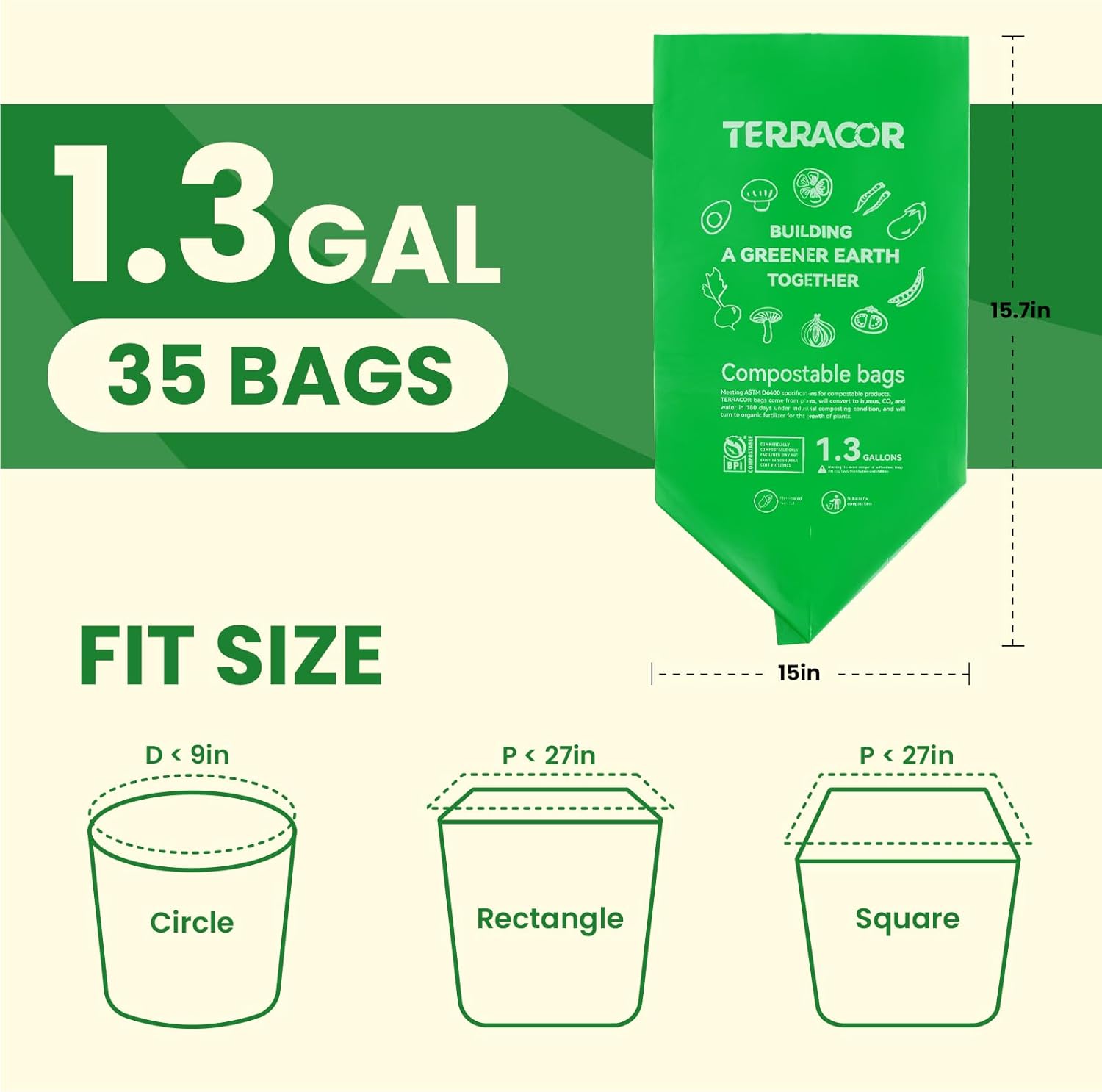 1.3 to 1.6 Gallon Compostable Trash Bags, 35 Count Green Compost Bags for Countertop Bin, Food