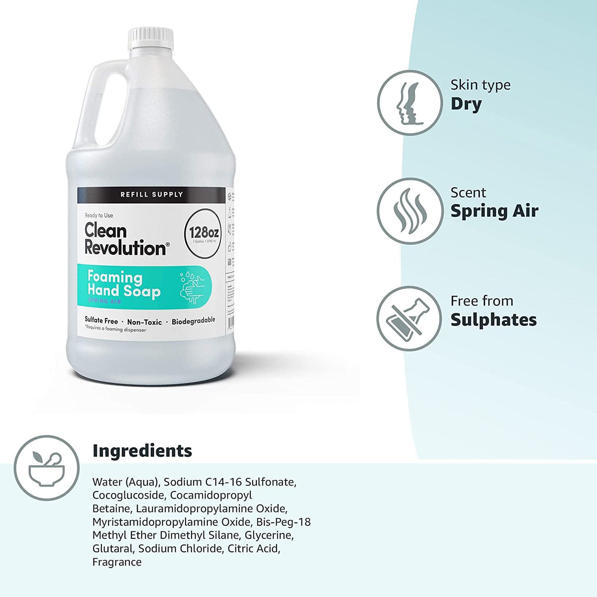 Clean Revolution Foaming Hand Soap Refill Supply Container, Ready to Use Formula, Spring Air