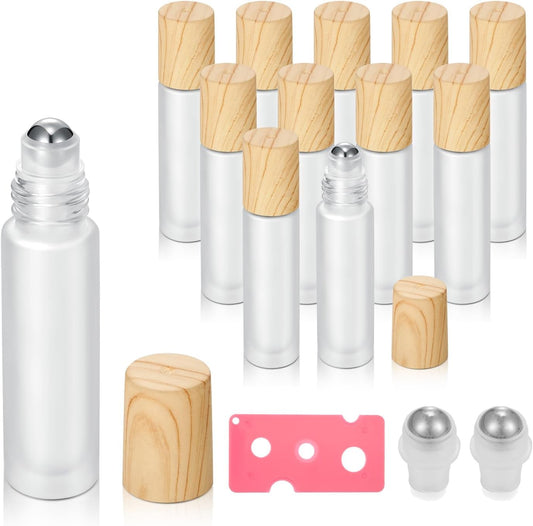 12 Pack Essential Oil Roller Bottles,10ml Empty Frosted Glass Roller Bottles with Stainless Steel