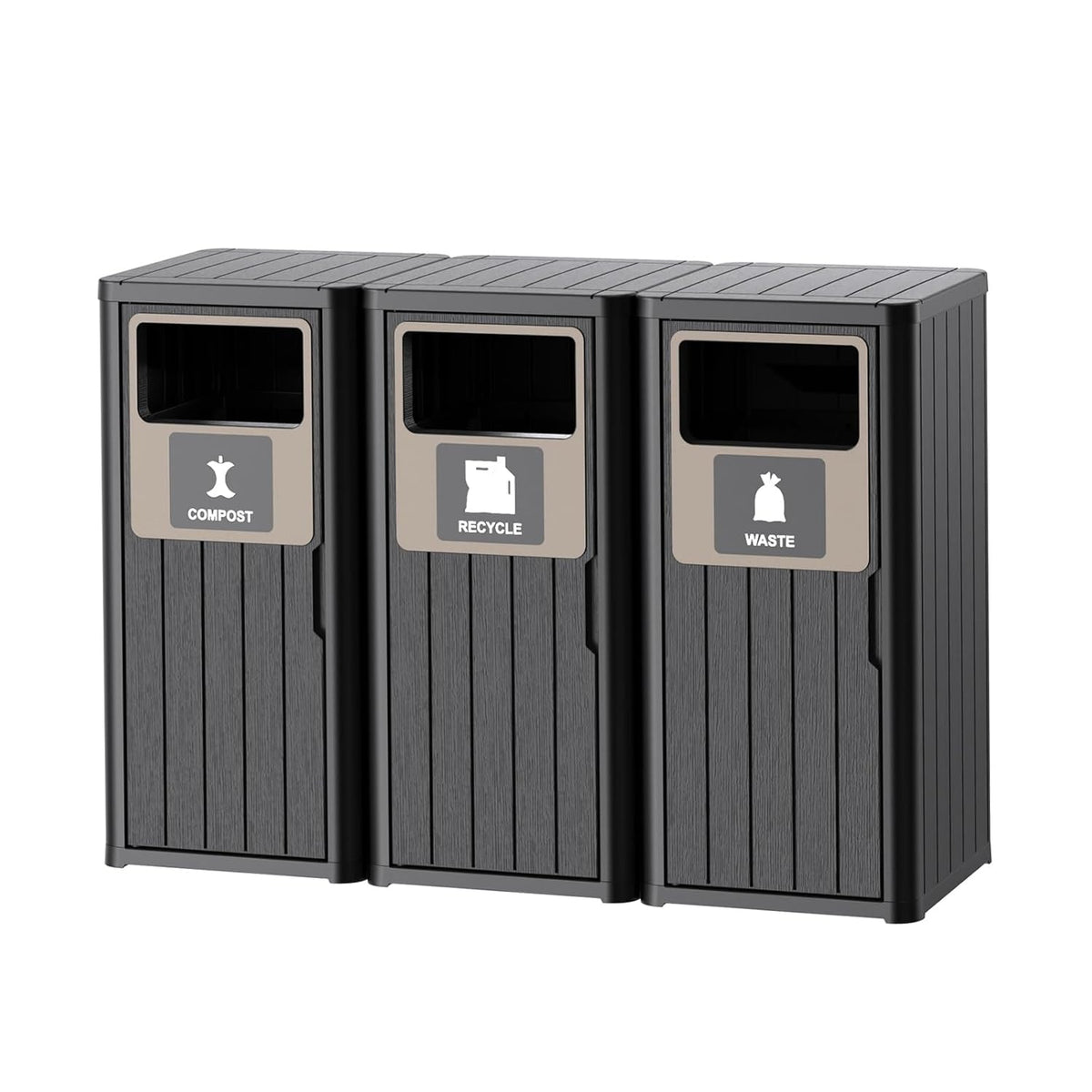 Outdoor Three Barrel Trash Can,Waterproof Resin Garbage Can with Garbage Labels,Durable Waste Bin