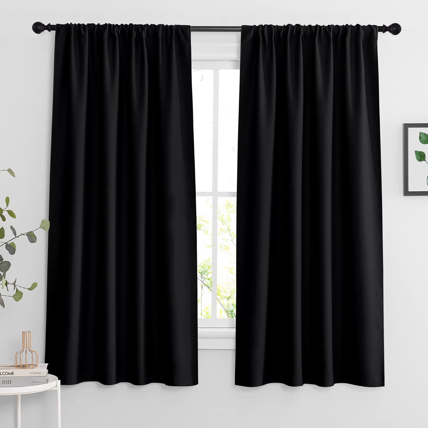 RYB HOME Black Living Room Curtains 63 inch Length, Blackout Energy Efficient Window Covering Heavy