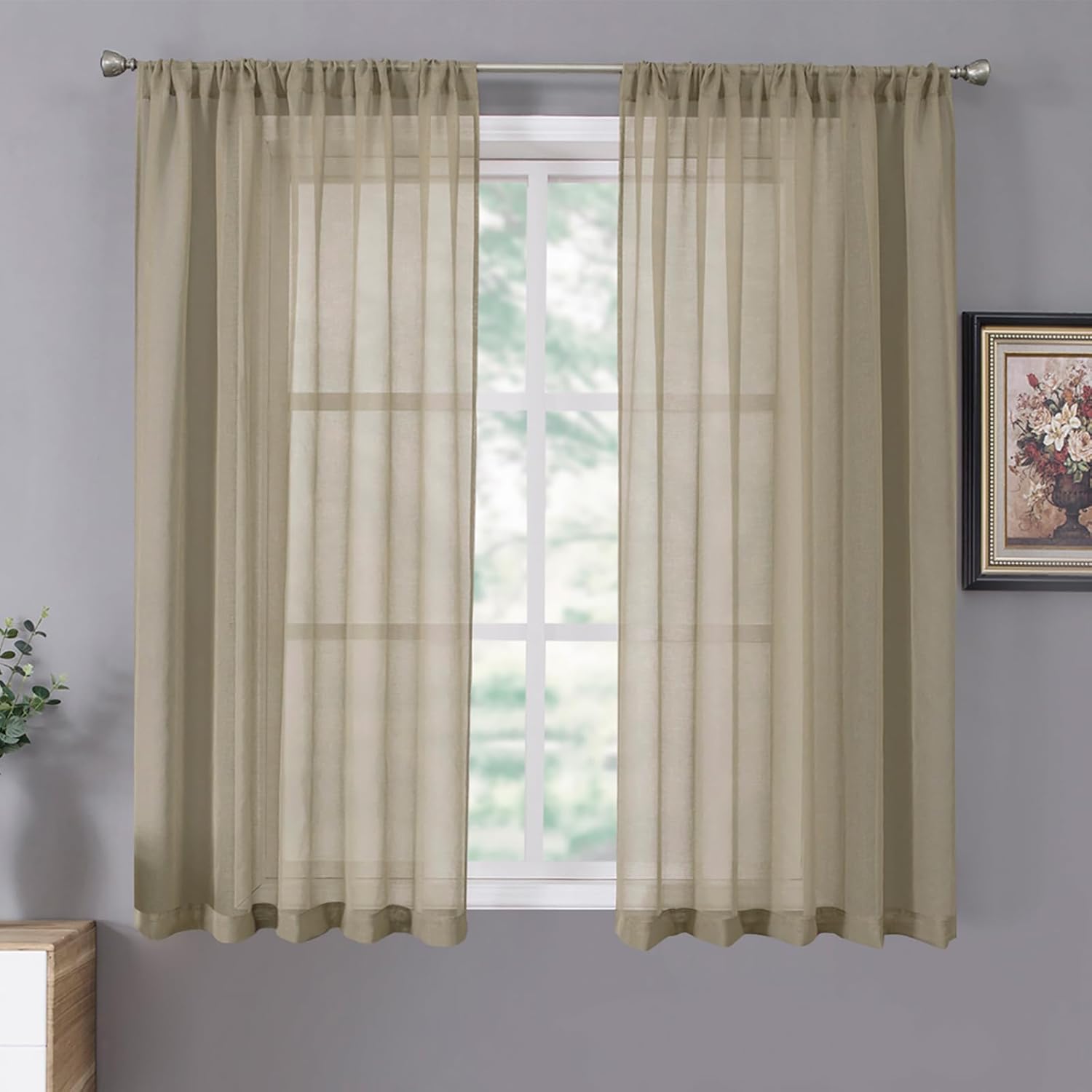 Tollpiz Short Sheer Curtains Living Room Linen Textured Curtain Sheers Light Filtering Voile Rod