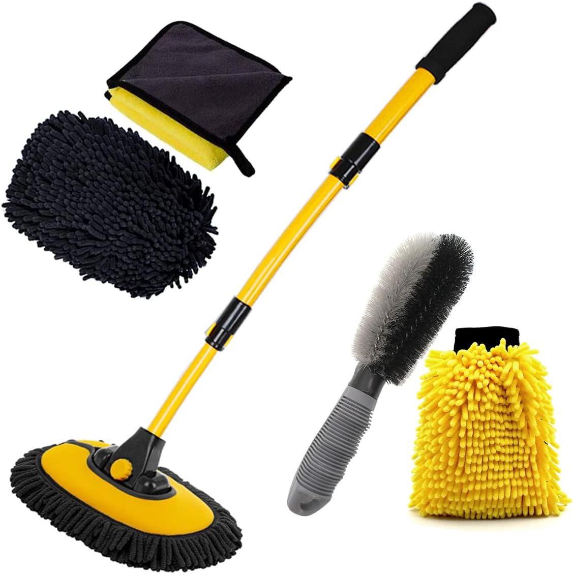 Car Wash Brush with Long Handle, Chenille Microfiber Mop Mitt with 1 Replacement Head, Wheel Brush