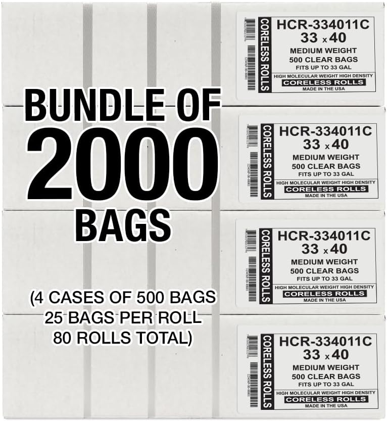 Aluf Plastics High Density Trash Bags, 33 Gallon, 2000 Count, 11 Micron (eq), 33" x 40", Clear, for