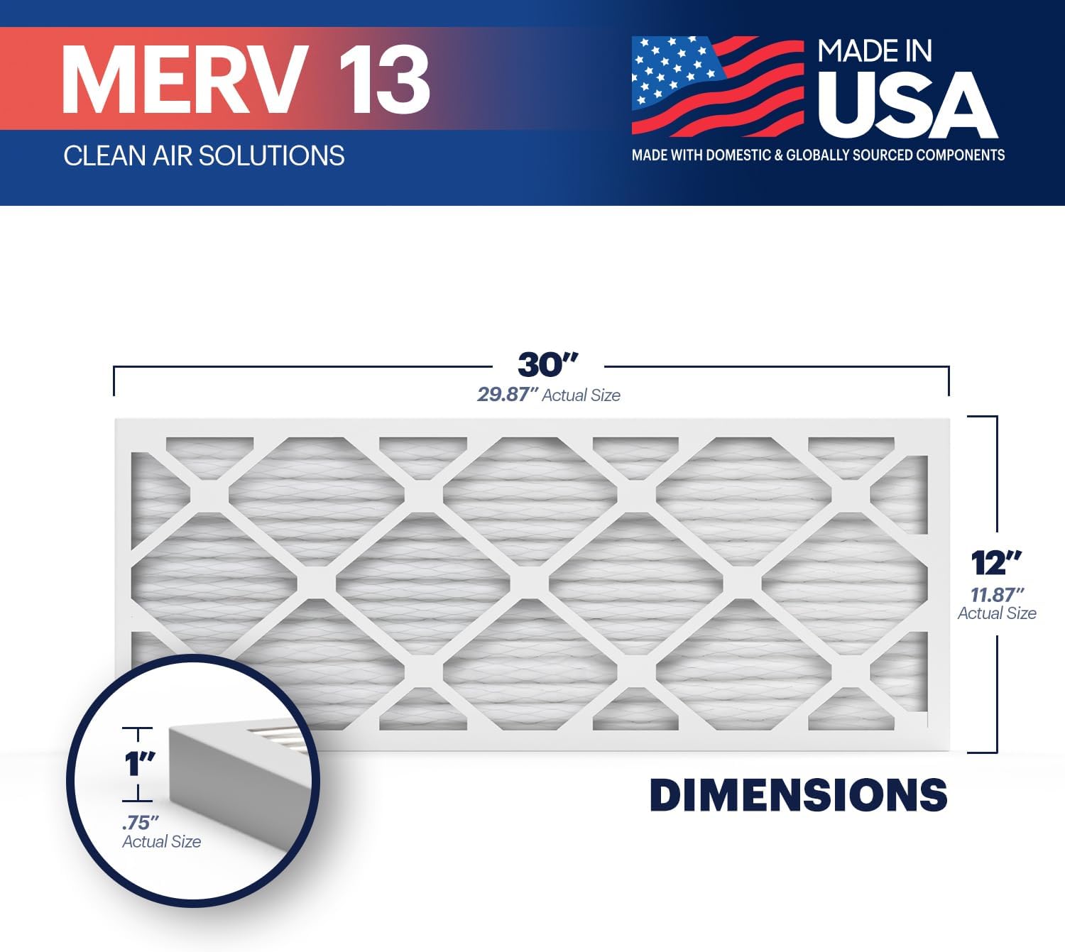 BNX TruFilter 12x30x1 Air Filter MERV 13 (4-Pack) - MADE IN USA - Electrostatic Pleated Air