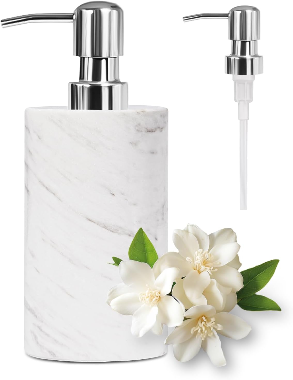 Marble Soap Dispenser with Stainless Steel Pump, White Hand Liquid Soap Dispenser, 6 Ounces for