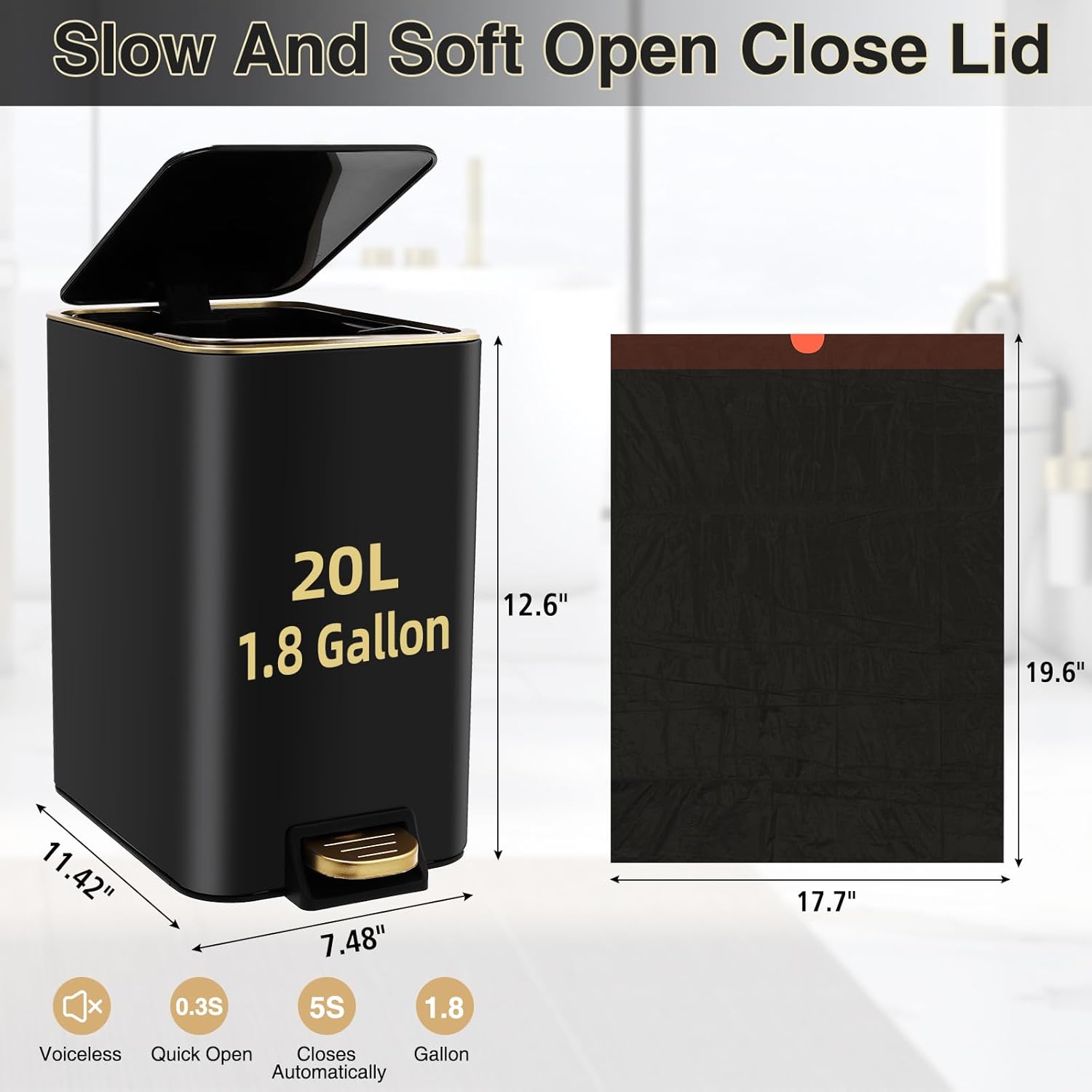 Small Bathroom Trash Can with Lid Soft Close, 1.8 Gallon Stainless Steel Garbage Can with Removable