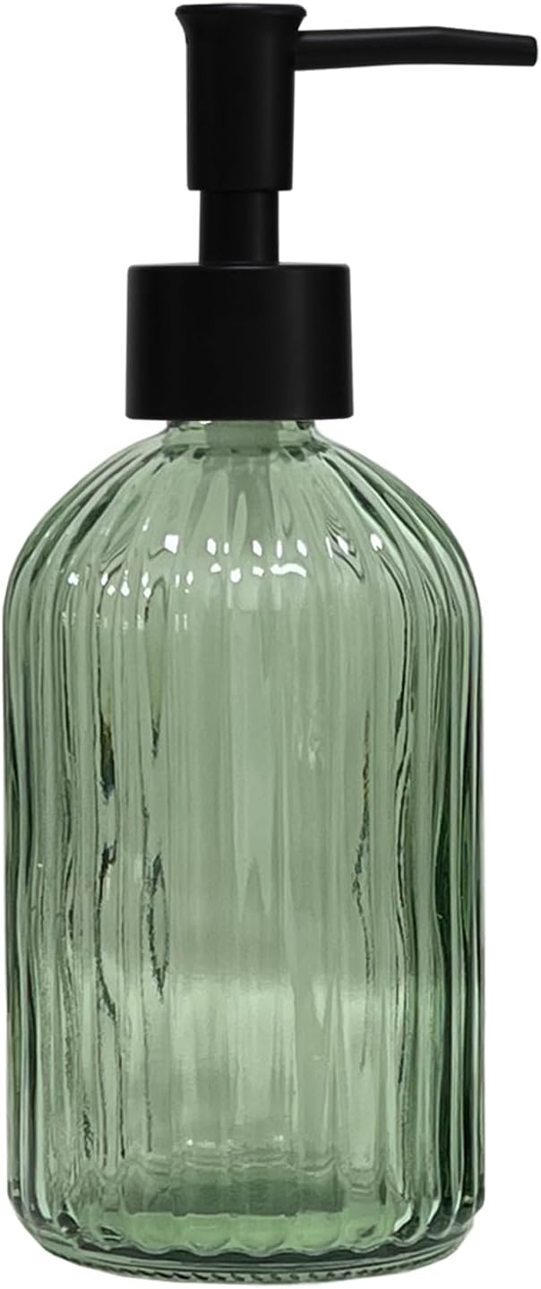 Green Glass Soap Dispenser with Black Plastic Pump, 13.5oz Refillable Liquid Hand Soap Dispenser