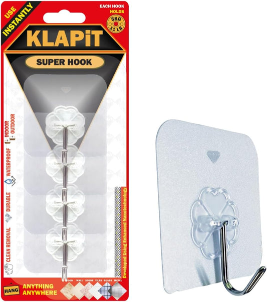 KLAPiT Super Hook - Heavy-Duty Adhesive Wall Hooks, Holds Up to 11 lbs, Waterproof, No Damage, Easy