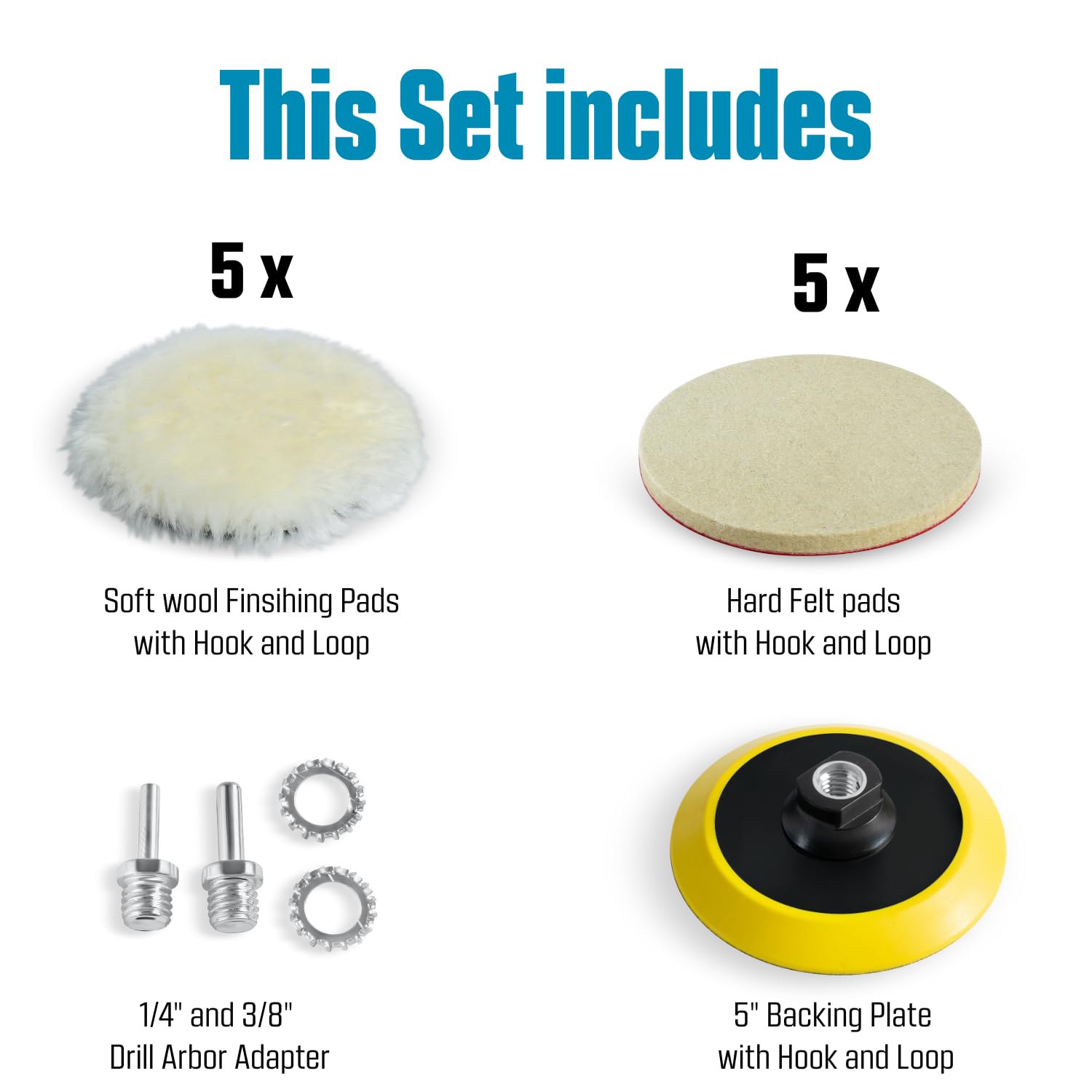 LINE10 Tools 5-Inch Wool Polishing Kit for Drill or Angle Grinder or Orbital, Includes 5 Hard Felt