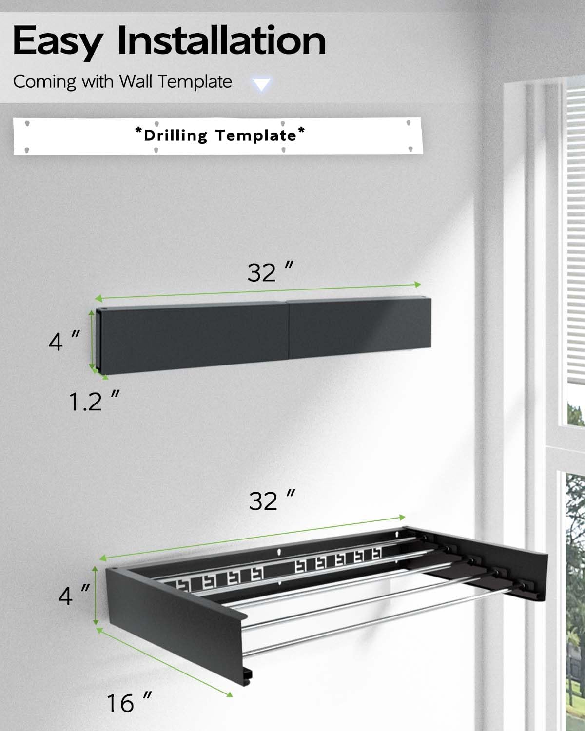 Wall Mounted Clothes Drying Rack 32", Foldable Wall Mount Laundry Rack Folding Indoor, Drying Rack